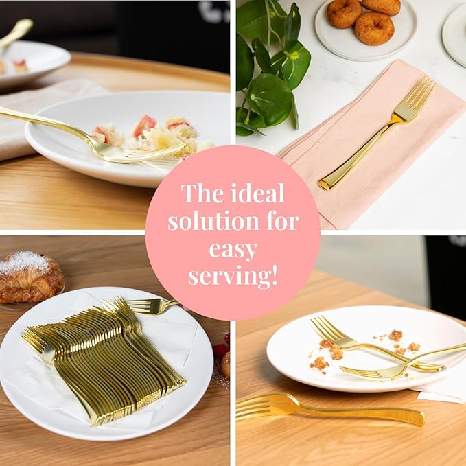 Prestee 100 Count Plastic Forks - 7" Heavy Duty Gold Plastic Silverware Utensils - Elegant, Disposable Gold Forks for Weddings, Parties, and Holidays - Fancy Flatware Set for Events and Catering