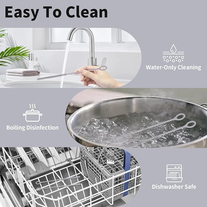 Silicone Straw Cleaner Brush, 2Pcs Reusable Straw Brush Extra Long for Cleaning Tumbler with Handle and Glass Metal Smoothie Straws, Non-slip Handle Soft and Bendable, 6mm+9mm (Gray)