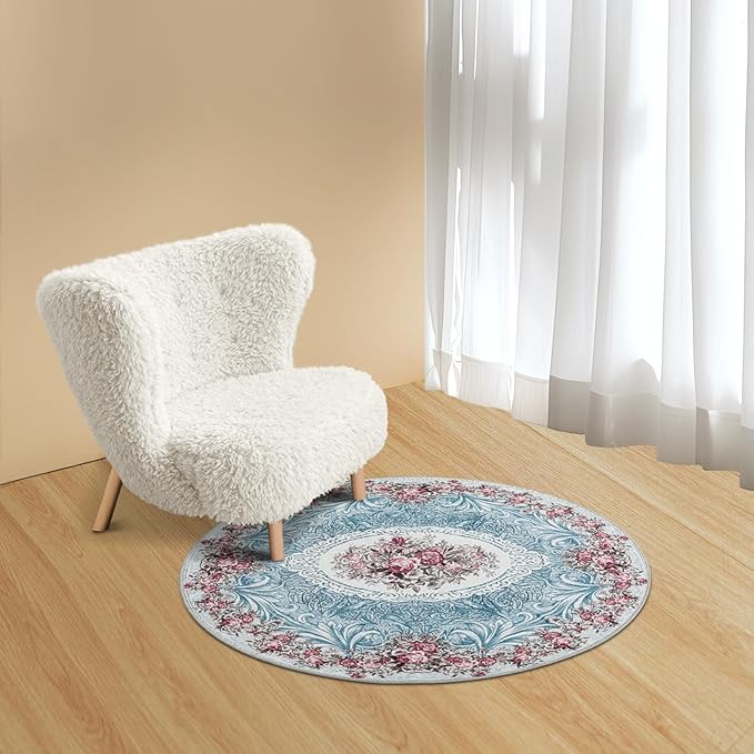 Easy-Going Round Area Rug 3ft Washable Floral Small Circle Rugs for Living Room Non-Slip Bedroom Rug Low Pile Lightweight Retro Flowers Throw Rug for Dining Room Kitchen Home Home Office, Teal Red