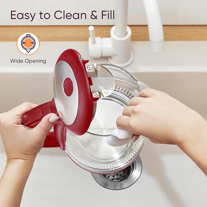 Cosori Electric Kettle, No Plastic Filter & Spout, Tea Kettle & Hot Water Boiler For Coffee & Tea, Water Heater & Teapot, Automatic Shut Off, Borosilicate glass, Red, 1.7L/1500W