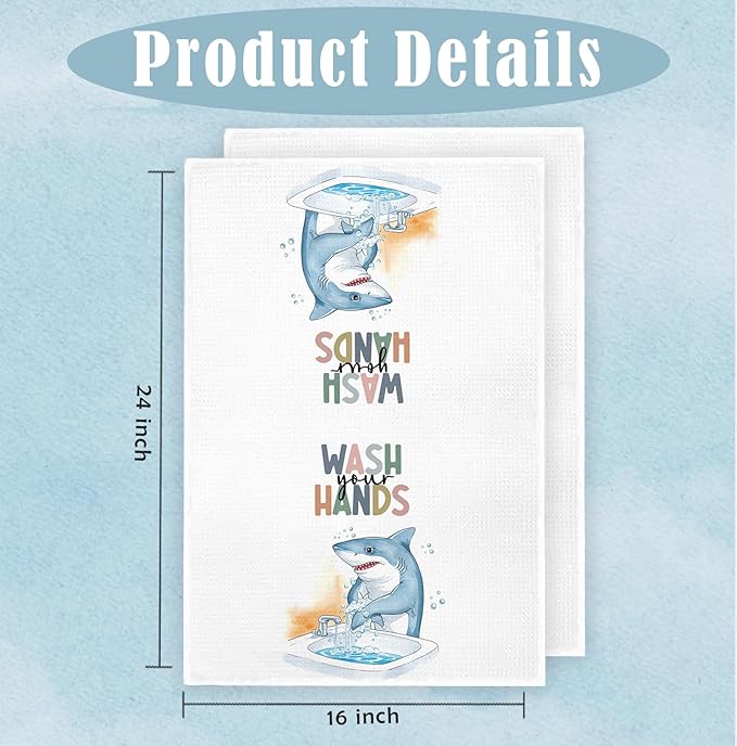 Shark Bathroom Hand Towels, Shark Bathroom Decor, Sharks Lover Gifts Decorative Hand Towels for Kids Bathrooms, Funny Coastal Beach Kitchen Towels, 16x24 Inch Set of 2