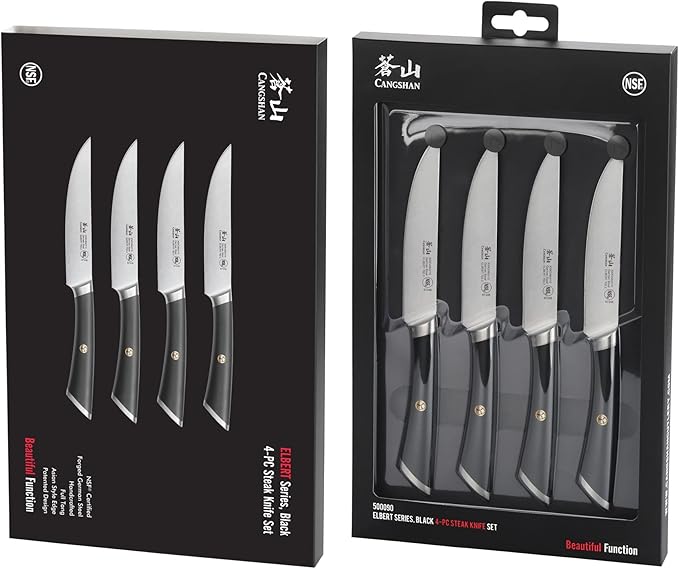 Cangshan ELBERT Series German Steel Forged 4-Piece Fine-Edge Steak Knife Set (Black)