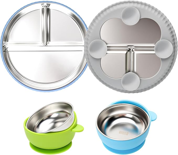 Stainless Steel Kids Plates and Bowls with Suction, Divided Baby Plate and Toddler Bowl with Removable Silicone Suction, Non-Slip Baby Feeding Set Dishwasher Safe, 4 Packs