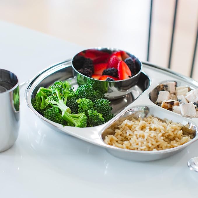 Ahimsa Stainless Steel Kids Plate, Pediatrician Designed Divided Toddler & Baby Plates, Non Toxic, Unbreakable & Dishwasher Safe, Polished