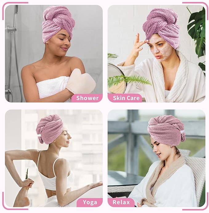 2 Pack Extra Large Microfiber Hair Towel, 37.4" x 26.4" Towel Wrap for Women, Super Absorbent & Quick Drying Hair Towel with Elastic Strap for Curly Long Hair