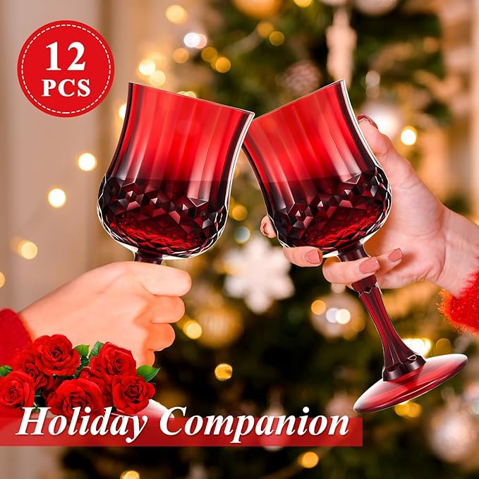 Pinkunn 12 Pcs 7 oz Plastic Vintage Wine Glasses Reusable Colored Goblets Patterned Drinking Water Glasses Cup Dishwasher Safe for Christmas Wedding Reception Party Supplies (Red)