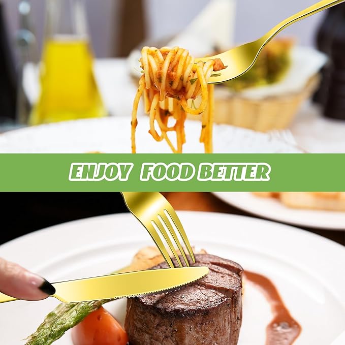 Nuenen 150 Pcs Stainless Steel Set Include 75 Dinner Forks and 75 Knives, Metal Steak Knives Forks Flatware Tableware Cutlery Set for Home Restaurant Hotel, Mirror Polished, Dishwasher Safe (Gold)