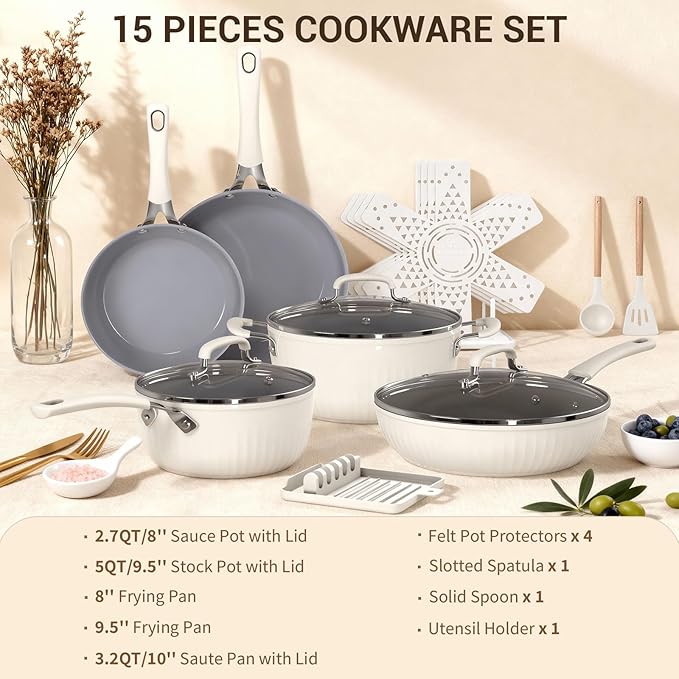 Ammeloo 15-Piece Ribbed Ceramic Cookware Set, Pots and Pans Set Non Stick, Induction Ready, Healthy Non Toxic Kitchen Cooking Set PFAS/PFOA/PTFE-Free, Silicone-wrapped Stay-Cool Handle
