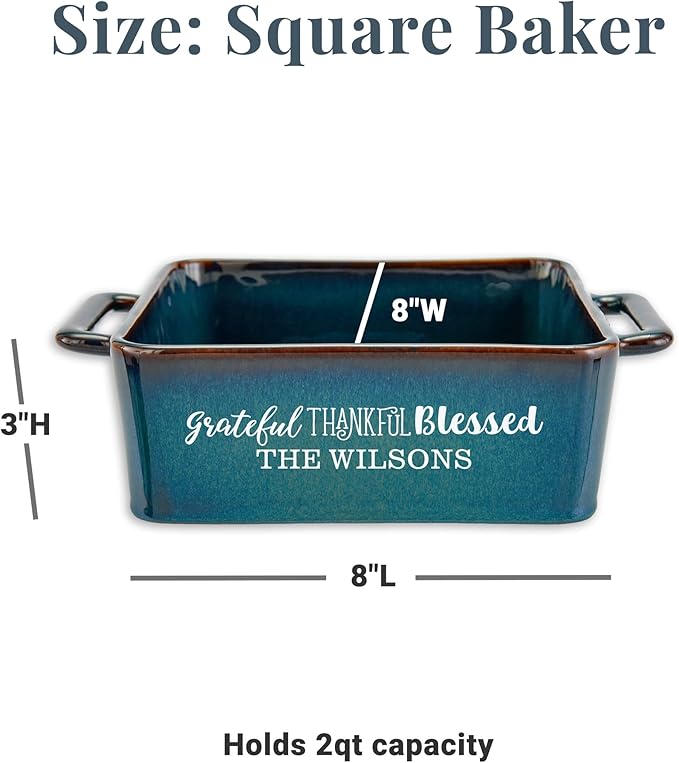 Let's Make Memories Personalized Grateful, Thankful, Blessed Stoneware - Teal Square Baker