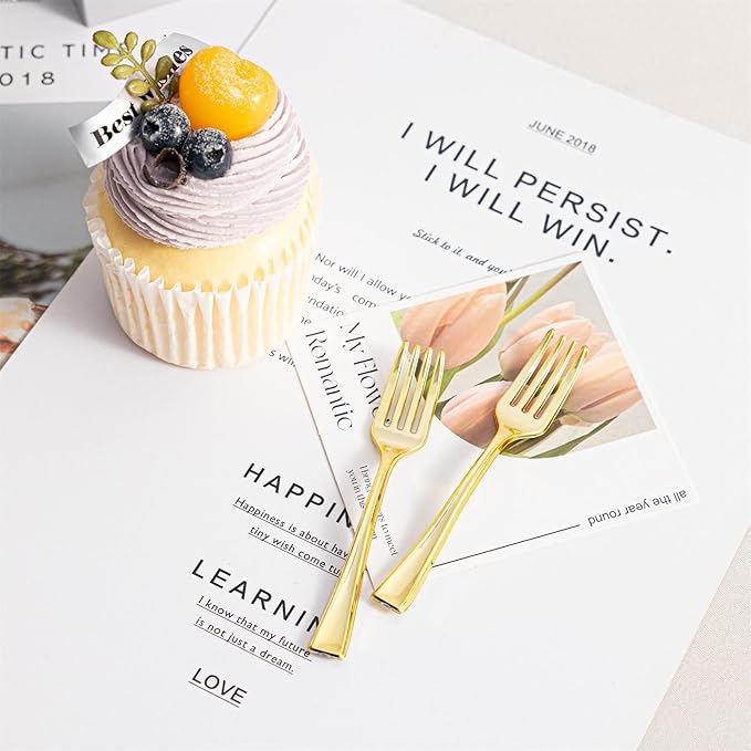 N9R 200PCS Gold Plastic Mini Forks, 4 Inches – Heavy Duty Disposable Cocktail, Dessert & Appetizer Forks, Elegant Party Serving Utensils for Tastings, Finger Foods, Weddings, Events