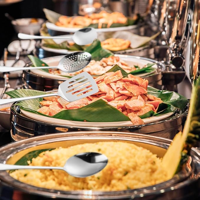 Serving Utensil Set 11-Piece Stainless Steel Modern Flatware Server All Metal Kitchen Cooking Tools Solid Spoon Slotted Ladle Skimmer Pasta Server Cake Knife Cutter Spatula Turner