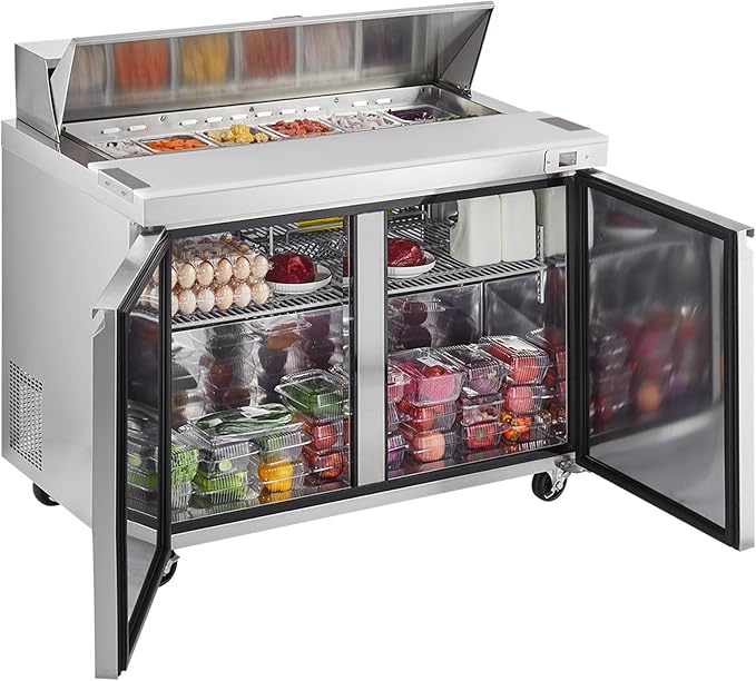 VEVOR 48"W Commercial Refrigerator, 12.5 Cu. Ft Sandwich Prep Refrigerated Table, Mega Top Food Prep Fridge with 12 Pans and Cutting Board, Stainless Steel Salad Prep Cooler for Restaurant, Food Truck