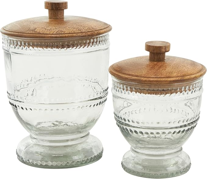 Deco 79 Glass Living Room Decorative Jars Beaded Decorative Container with Wood Lids, Set of 2 Jar with Lid 8", 7"H, Clear