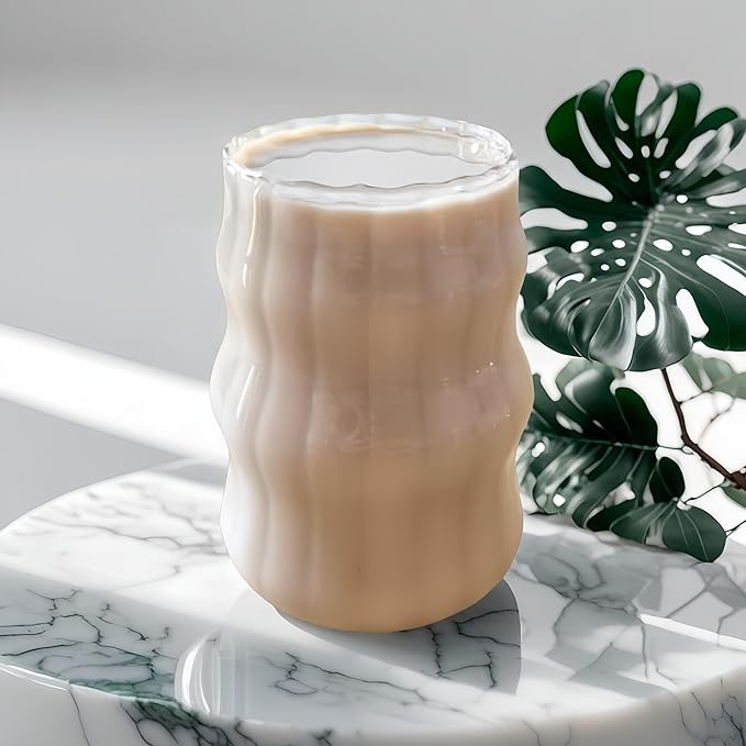Ribbed Glass Cup 18 Oz Vintage Drinking Glassware Creative Ripple Glasses for Iced Coffee Juice Beverage Milk Cocktail Cute Wavy Glass Cups