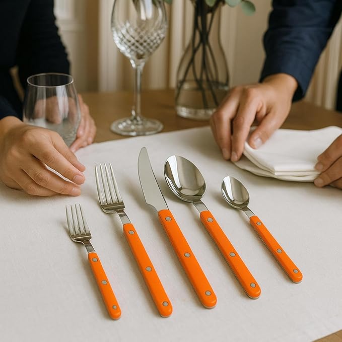 Khen 20-Piece Cutlery Set with Dinner Knives, Forks, Spoons, Salad Forks & Teaspoons – Durable and Dishwasher Safe Utensil Set for Home, Kitchen, Parties & Special Occasions – Orange Handle