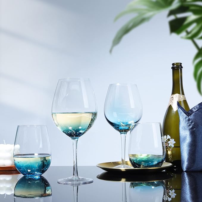 Joeyan Handmade Blue Crackle Wine Glasses,Large Crystal Burgundy Wine Glass Cup with Stem,Red White Wine Goblet Tumbler,Aesthetics Glassware Collection,Set of 2,21 oz