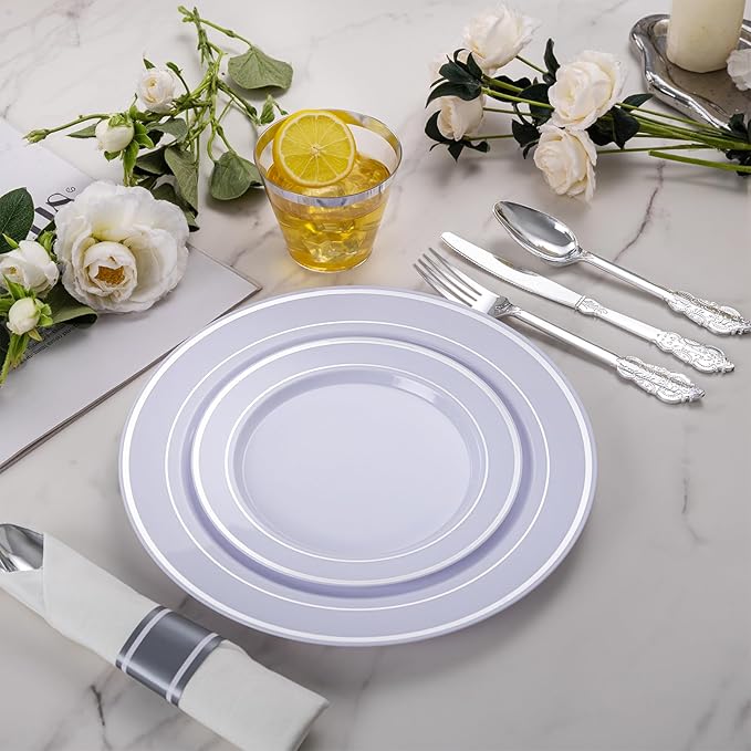 WELLIFE 50 Pack Silver Plastic Silverware,Christmas Silverware,Plastic Cutlery Set Include 50 Forks, 50 Knives, 50 Spoons and 50 Pre Rolled Napkins, Disposable Utensils for Party and Christmas