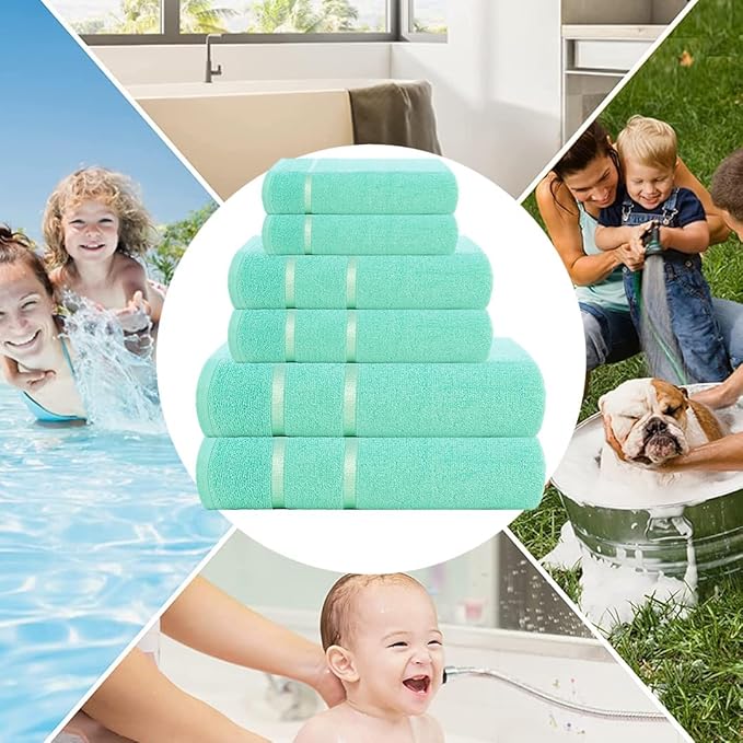 CASA COPENHAGEN Eternal 6 Pieces Towel Set- Aqua Blue, 500 GSM 2 Bath Towel 2 Hand Towel 2 Washcloth, Designed in Denmark Made of Soft Egyptian Cotton for Bathroom, Kitchen & Shower