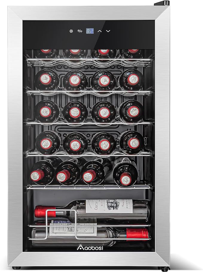 AAOBOSI 17 Inch Wine Cooler, 24 Bottles Wine Fridge, Wine Refrigerator Small with LED Display Light, Freestanding Wine Cellar with Low Noise Compressor, Adjustable Shelves