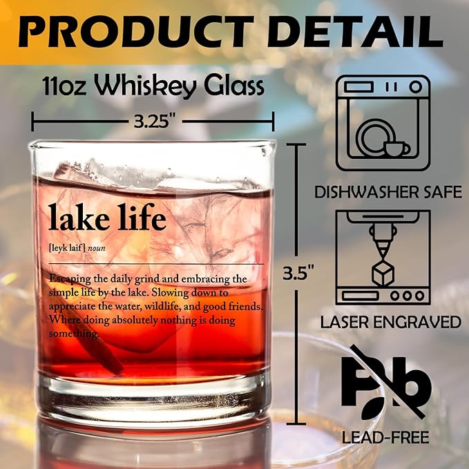 kunlisa Lake Lovers Gifts Whiskey Glasses, Lake House Decor and Gifts, Lakeside Definition 10 oz Drinking Rocks Glasses for Women Men Whisky Cocktail Scotch Bourbon Liquor