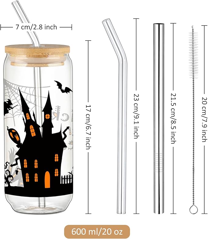 Joeyan Halloween Glass Cups with Lids and Straws,20 oz Haunted House and Cat Iced Coffee Tumbler,Funny Can Shaped Beer Drinking Glasses,Holiday Gifts for Women Mom Friend Teen