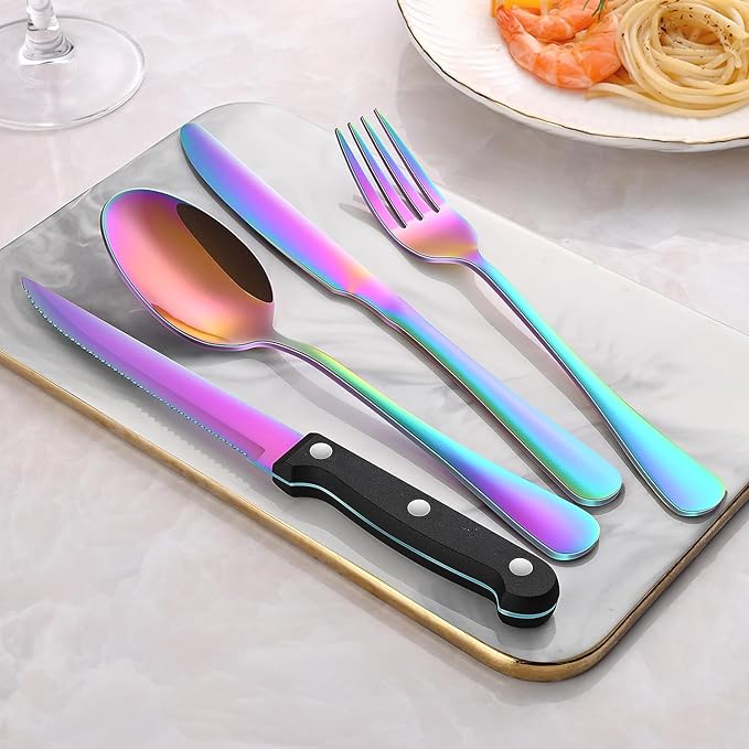 49-Pieces Colorful Rainbow Stainless Steel Silverware Sets With Organizer And Steak Knives,Knife Spoon And Fork Eating Utensils Sets For Ktichen,Multicolor Flatware Sets With Cutlery Tray