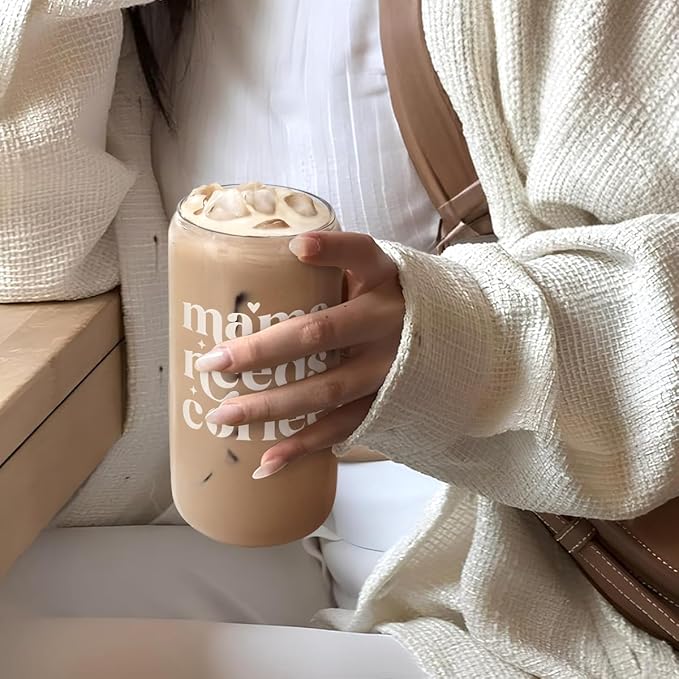 SANDJEST Mom Glass Can, Mama Needs Coffee Cup with Lid & Straw, Iced Coffee Aesthetic Cups, Idea Gifts for Christmas Birthday Mother Day, Gifts for Women, 16oz