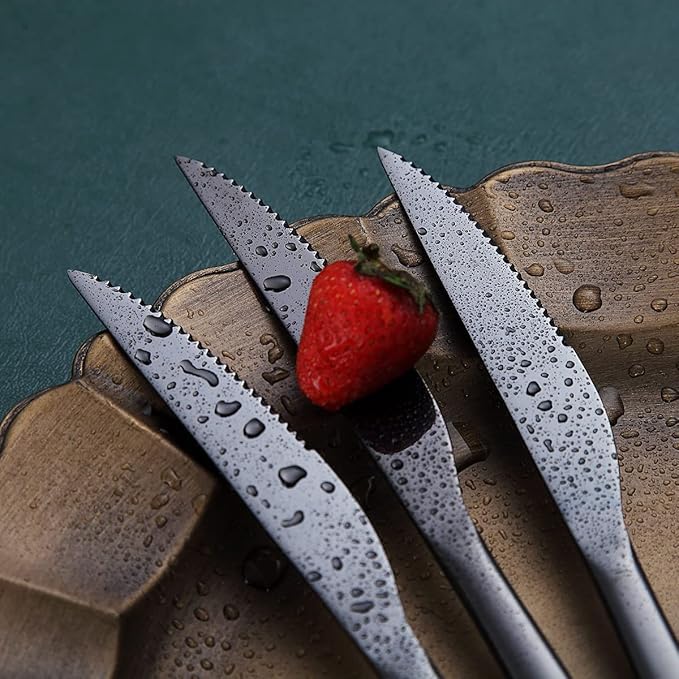 Black Steak Knives Set 12 Piece, Premium Stainless Steel 6 Dinner Forks and 6 Dinner Knives Set, Steak Knives Steak Forks for 6 Person, Dishwasher Safe (Shiny Black)