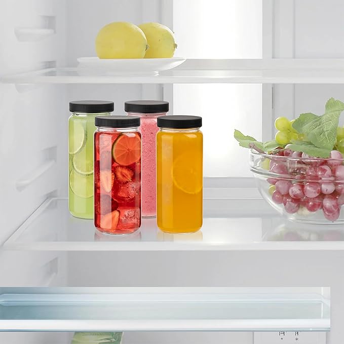 Glass Juice Bottles with Lids and Straws, 16 Oz - Set of 12 Reusable Clear Cups - For Drinking Smoothie, Iced Coffee, Juicing, Matcha, Water, Kombucha and More