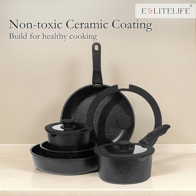 ESLITE LIFE Nonstick Cookware Sets with Detachable Handle,Ceramic Coating Pots and Pans Set Kitchen Cooking Set, Compatible with All Stovetops, PTFE & PFOA Free, Black, 10 Pcs Set