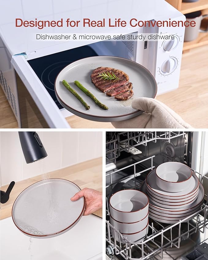 Famiware Nebula Ridge Stoneware Dinnerware Sets for 6, Plates and Bowls Sets, 18 Pieces Dishes Set, Microwave and Dishwasher Safe Kitchen Plates, Light Gray