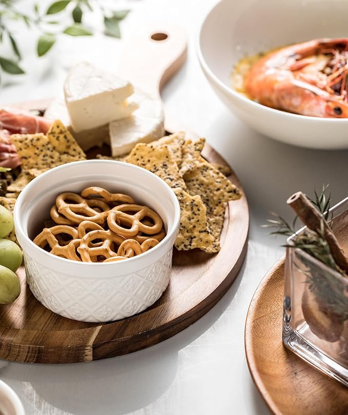 9 oz Ramekins with Lids, Creme Brulee Ramekins Oven Safe, Small Ceramic Serving Bowls, White Custard Cups for Baking, Dipping Sauce Cups, Pinch Bowls Ideal for Birthday Party, Set of 4