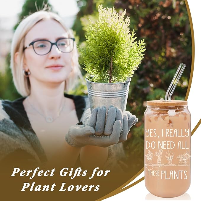 Plant Lover Gifts for Women Plant Themed Glass Cup with Lid and Straw Cute 16 Oz Plant Cup Plant Gifts for Plant Lovers Gifts for Gardeners Women Birthday Christmas Gifts for Plant Lady