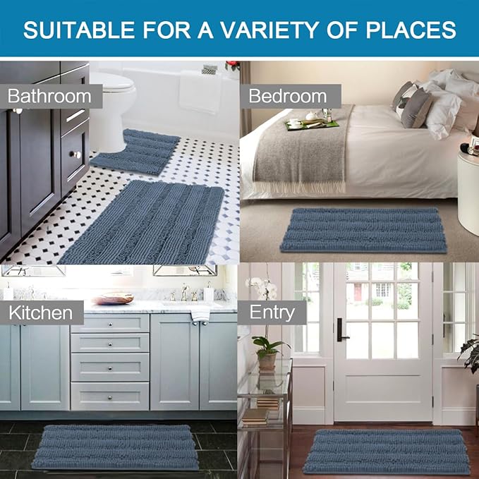 H.VERSAILTEX Bathroom Rug Sets 2 Piece Bath Mats Non Slip Thick Soft Chenille Striped Bath Rug achine Washable Shower Floor Rugs for Tub, Shower and Floor (Blue Indigo, 47"x17" Plus 20"x20" U)