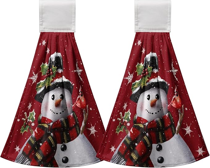 Snowman Xmas Hanging Kitchen Towels Winter Holiday Dish Towel with Hanging Loops Christma Hand Tie Towels Soft Absorbent for Bathroom Home Tabletop Decor 12x17 Inch Set of 2