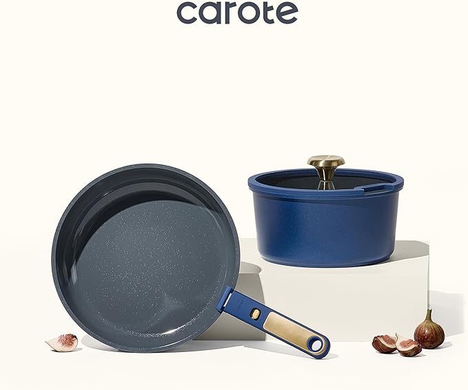 CAROTE Blue&Gold Ceramic Cookware Set Non Toxic, PFAS Free,15Pcs Pots and Pans Set Non Stick Detachable/Removable Handle,Kitchen Cooking Set Dishwasher Safe, Nonstick Pot and Pan, Induction Cookware