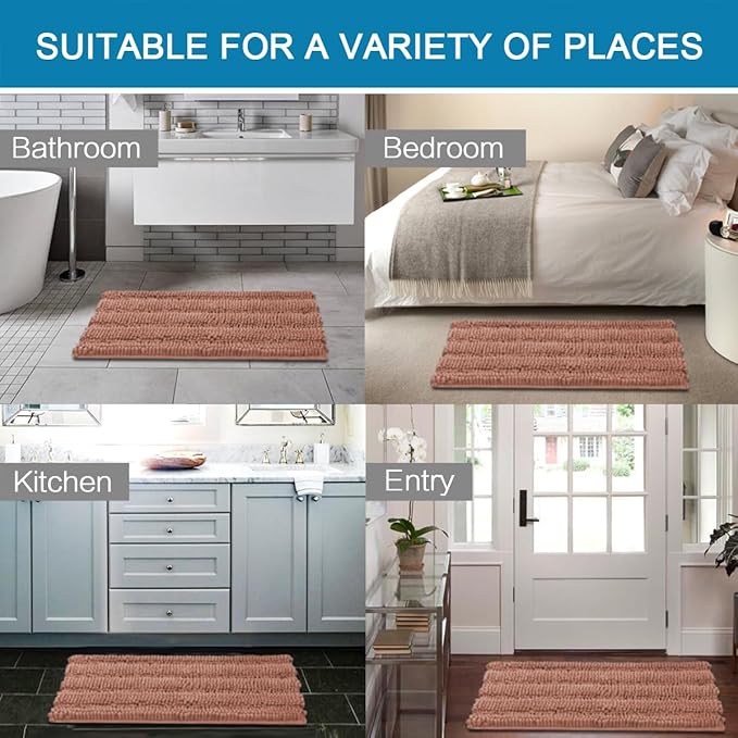 H.VERSAILTEX Bathroom Rug Set, 2 Piece Non Slip Thick Soft Chenille Striped Bath Mats, Muted Clay, 20" x 32"/17" x 24"