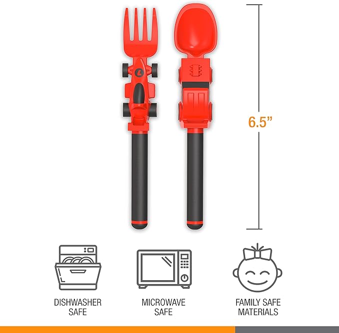 Dinneractive Utensil Set for Kids – Red Race Car Themed Fork and Spoon for Toddlers and Young Children – 2-Piece Set