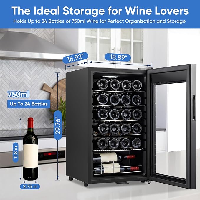 24 Bottle Wine Cooler, Freestanding Compressor Wine Fridge with Lock, Slim & Narrow Wine Refrigerator (16.9” W), 41°F–64°F Digital Temperature Control for Red, White & Champagne – Black