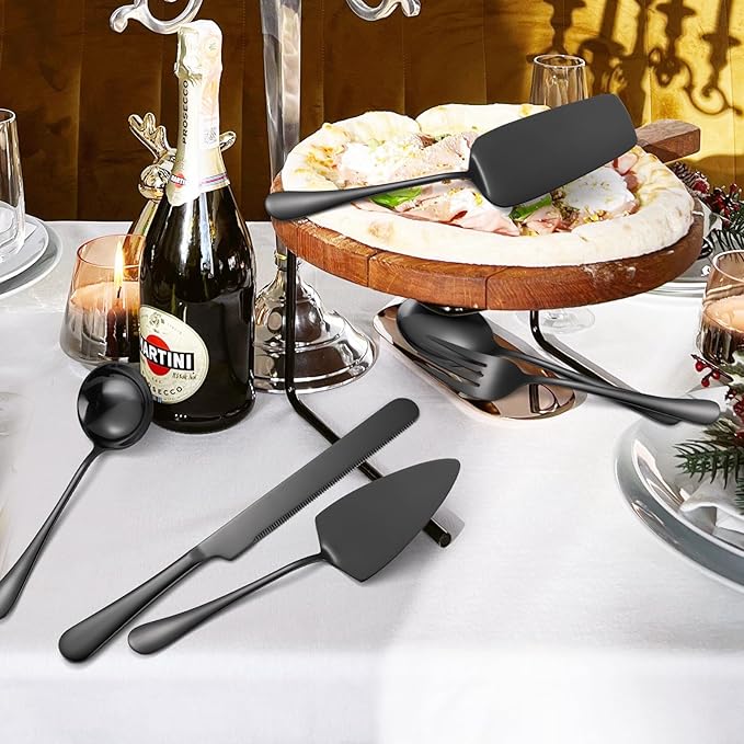 A · HOUSEWAR Black Flatware Serving Set 7 Piece Stainless Steel Catering Utensils include Soup Ladle Large Slotted Spoon Big Server Fork12” Cake Knife Pizza Spatula Parties Buffet