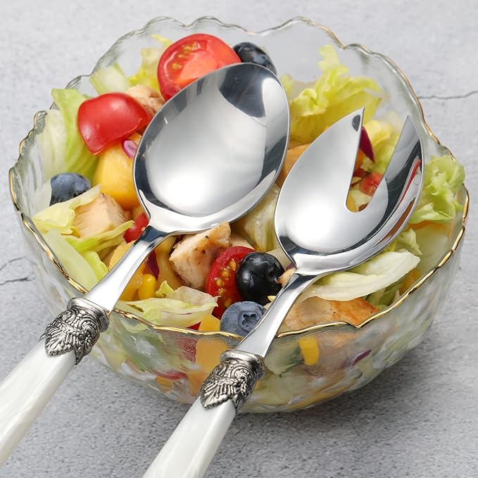 2-piece Salad Servers Stainless Steel Salad Serving Set Salad Fork and Spoon (White)