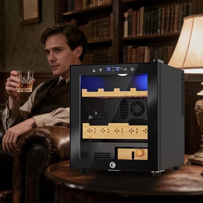 Electric Humidor-50L Cooling & Heating Humidor, Smart Touch Control Humidity & Temp Humidors wtih Spanish Cedar Wood Tray, Digital Display, Safety Lock, Desktop Gift for Men