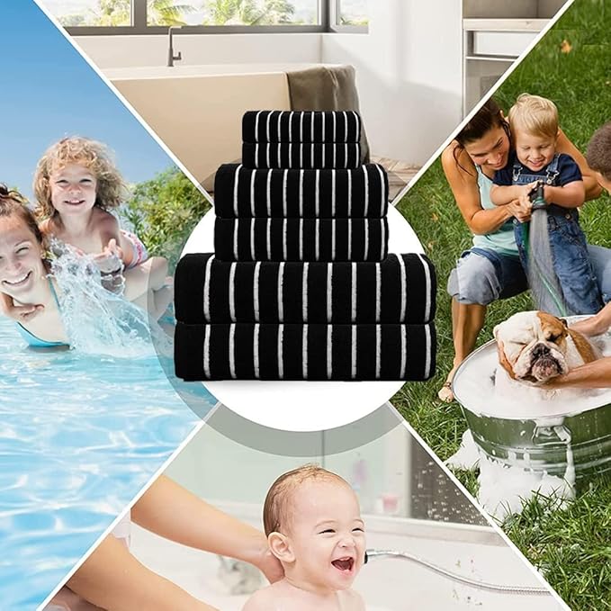 CASA COPENHAGEN Ecstatic 6 Pieces Towel Set- Black, 600 GSM 2 Bath Towel 2 Hand Towel 2 Washcloth, Designed in Denmark Made of Soft Egyptian Cotton for Bathroom, Kitchen & Shower