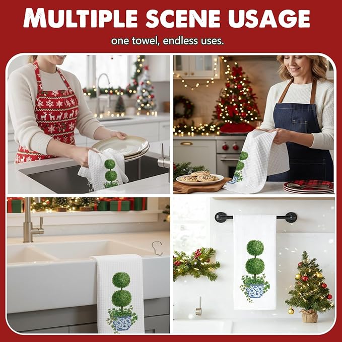 1PCS Chinoiserie Xmas Christmas Kitchen Hand Towels,Blue and White Porcelain Decorative Dish Tea Towel,Bow Chinoiserie Decor for Bathroom, for Women,16x24inch -A03