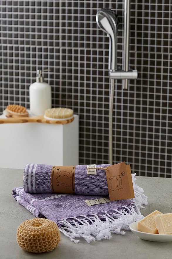 Hand Towels - Set of 2, 18" x 30" inches, Decorative Peshtemal Cotton Hand Towels for Kitchen, Bath, Guest, Face, Hair, Gym, Yoga, Dishcloth, Travel (Dark Lilac)