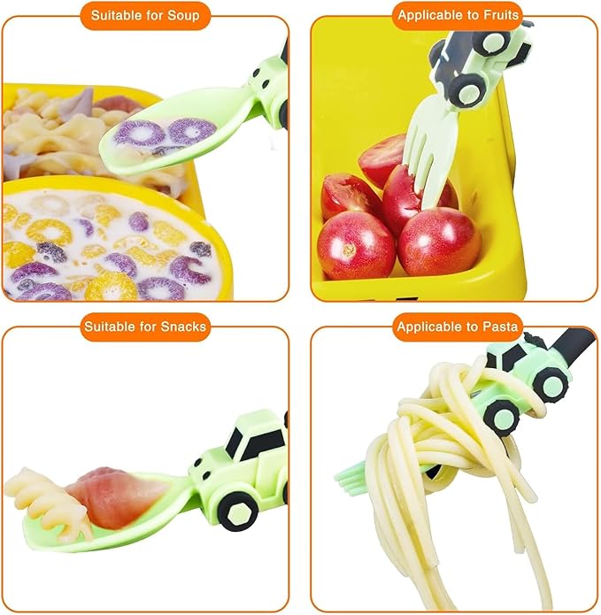 Construction Toddler Utensils - Toddler Forks and Spoons - Kids Construction Truck Utensils - Forks and Spoons Silverware Set - Christmas Birthday Gift for 1 2 3 4 5 year old, Green