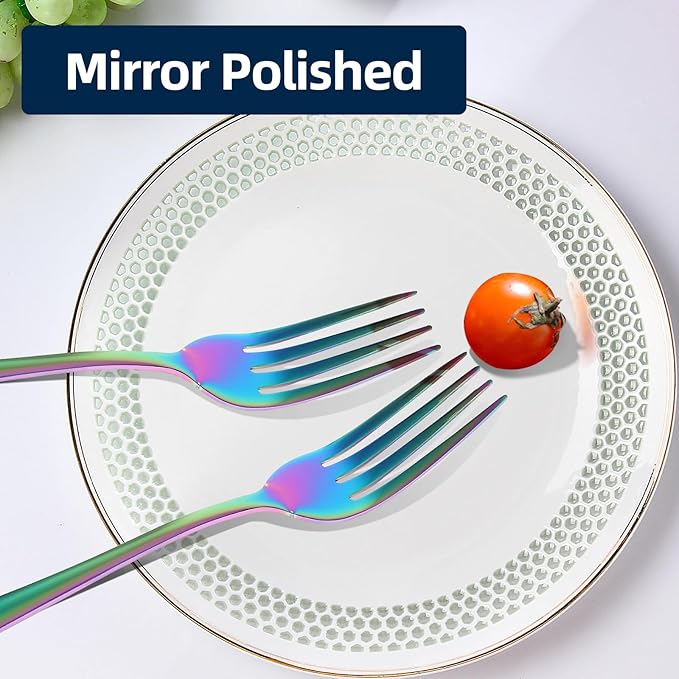 16 Piece Dinner Forks, 8 Inch, Top Food Grade Extra-Fine Stainless Steel Silverware Forks, For Home Kitchen Restaurant, Dishwasher Safe(Rainbow)