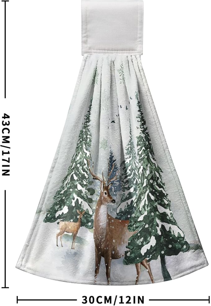 Winter Deer Hand Towels with Hanging Loop Pine Tree Snowflake Tie Towel 2Pcs Snow Hanging Kitchen Towels Decorative Tea Towel Soft Absorbent Washcloth for Home Bathroom Decor
