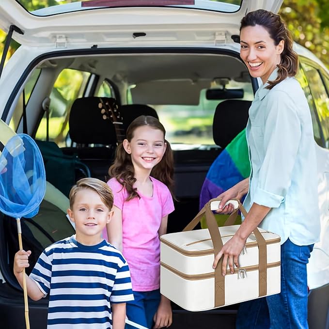 Double Insulated Casserole Carrier, Portable Casserole Carrier for Hot or Cold Food Lunch Tote Warmer or Cooler Bag, Lasagna Lunch Bag for Potluck Parties- Fits 9" x 13" Baking Dish-Beige