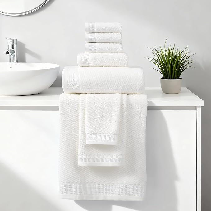 REDKISS Luxury Bath Towel Set of 8, 100% Cotton Bathroom Towels Set with 2 Bath Towels, 2 Hand Towels, 4 Washcloths, Ultra Soft Highly Absorbent Towels for Bathroom, Gym, Hotel, Spa, White
